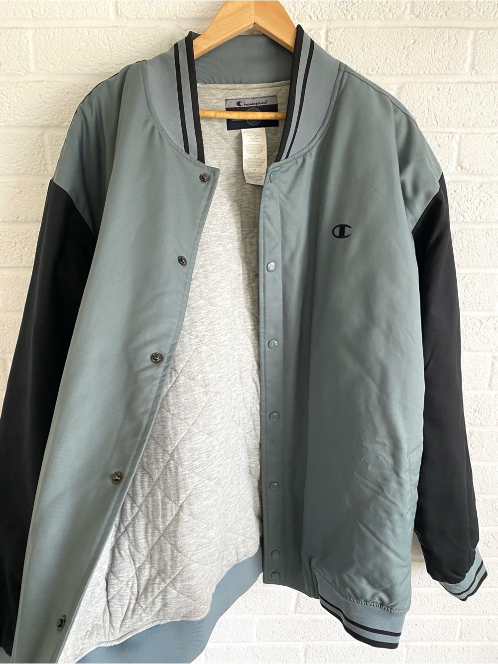 Champion Men's 3XL Varsity Bomber Jacket Snap Front Gray/Black Colorblock Logo